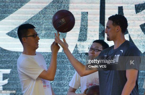 Player Klay Thompson of the Golden State Warriors meets fans at Happy Family Mall on June 26, 2017 in Shenyang, China.