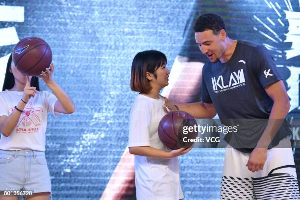 Player Klay Thompson of the Golden State Warriors meets fans at Happy Family Mall on June 26, 2017 in Shenyang, China.