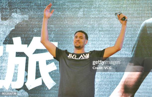 Player Klay Thompson of the Golden State Warriors meets fans at Happy Family Mall on June 26, 2017 in Shenyang, China.