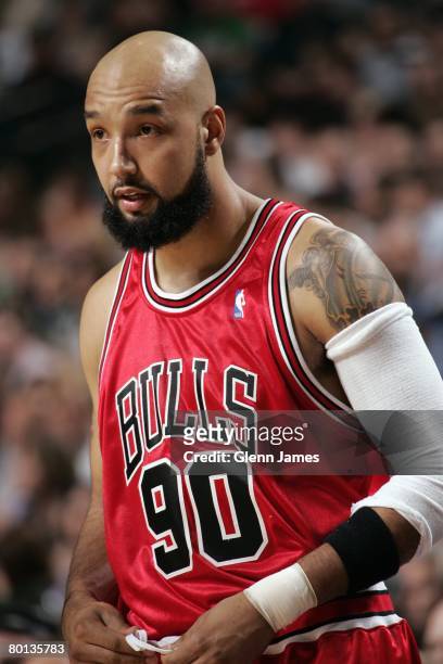 Drew Gooden of the Chicago Bulls looks on during the game against the Dallas Mavericks at the American Airlines Center on February 25, 2008 in...