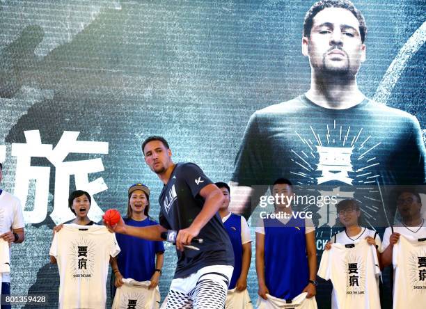 Player Klay Thompson of the Golden State Warriors meets fans at Happy Family Mall on June 26, 2017 in Shenyang, China.