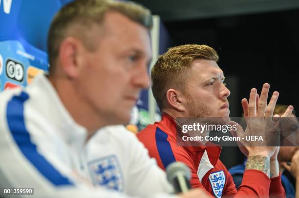 Alfie Mawson of England and England head coach Aidy Boothroyd during a press conference ahead of their UEFA European Under-21 Championship semi-final...