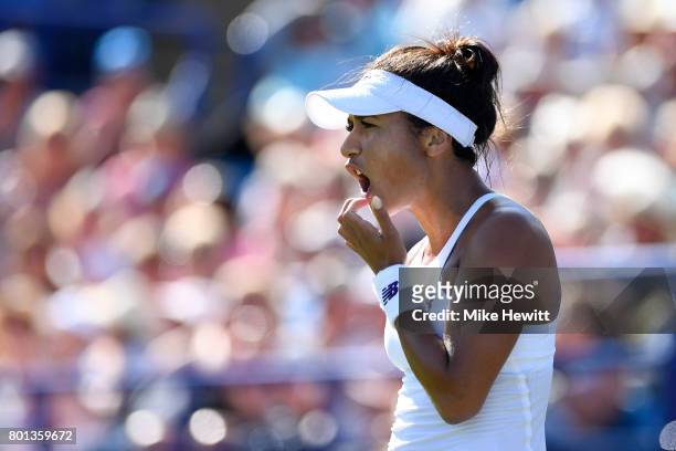 Heather Watson of GBR in action during her victory over Dominika Cibulkova of Slovakia on Day 2 of the Aegon International Eastbourne at Devonshire...