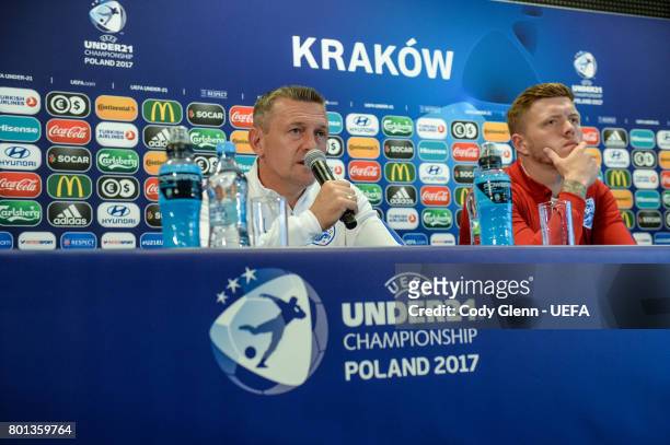 England head coach Aidy Boothroyd and Alfie Mawson during a press conference ahead of their UEFA European Under-21 Championship semi-final match...