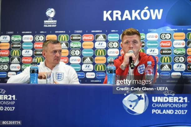 England head coach Aidy Boothroyd and Alfie Mawson during a press conference ahead of their UEFA European Under-21 Championship semi-final match...