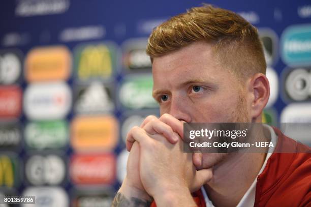 Alfie Mawson of England during a press conference ahead of their UEFA European Under-21 Championship semi-final match against Germany on June 26,...
