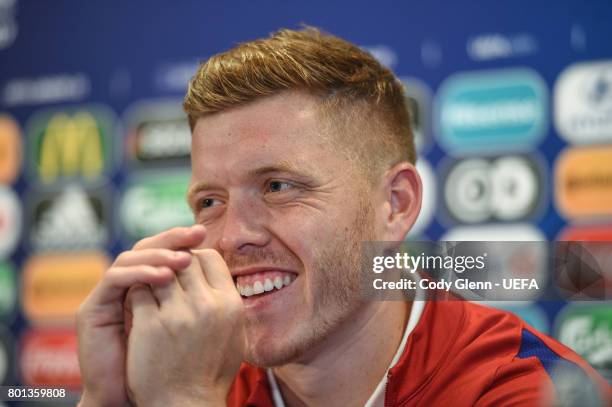 Alfie Mawson of England during a press conference ahead of their UEFA European Under-21 Championship semi-final match against Germany on June 26,...