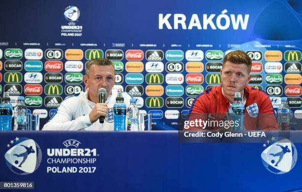 England head coach Aidy Boothroyd and Alfie Mawson during a press conference ahead of their UEFA European Under-21 Championship semi-final match...