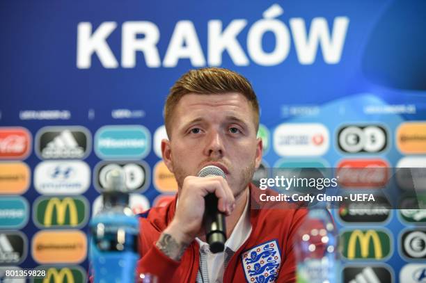 Alfie Mawson of England during a press conference ahead of their UEFA European Under-21 Championship semi-final match against Germany on June 26,...