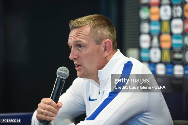 England head coach Aidy Boothroyd during a press conference ahead of their UEFA European Under-21 Championship semi-final match against Germany on...