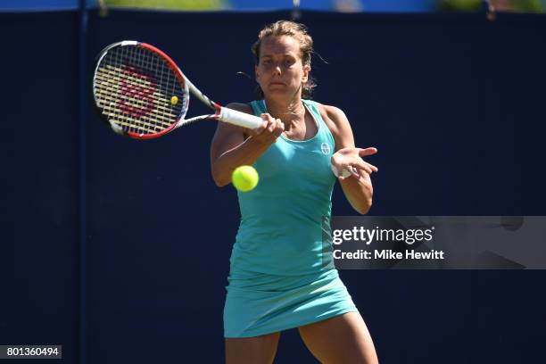 Barbora Strycova of Czech Republic in action against Eugenie Bouchard of Canada on Day 2 of the Aegon International Eastbourne at Devonshire Park on...