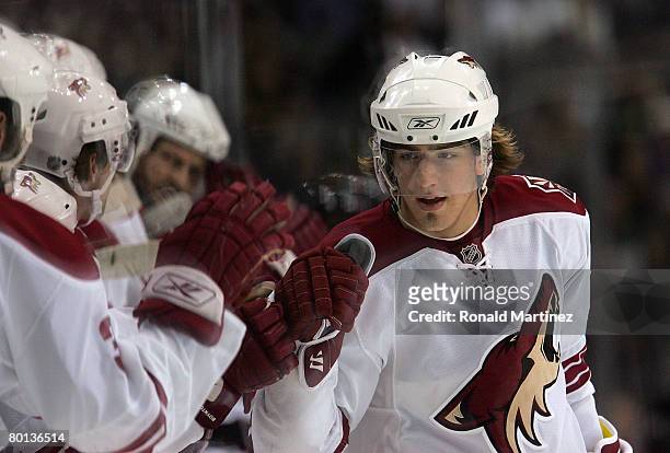 Center Peter Mueller of the Phoenix Coyotes celebrates a goal against the Dallas Stars at the American Airlines Center on March 5, 2008 in Dallas,...