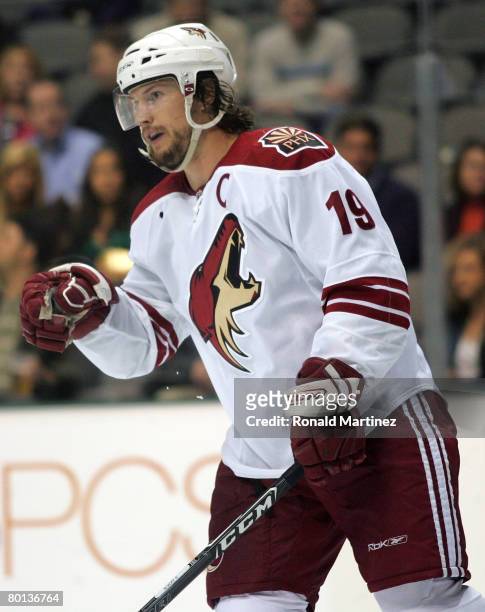 Right wing Shane Doan of the Phoenix Coyotes celebrates a goal against the Dallas Stars at the American Airlines Center on March 5, 2008 in Dallas,...