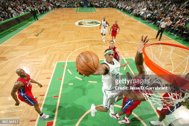 Rajon Rondo of the Boston Celtics shoots against the Detroit Pistons during the game on March 5, 2008 at the TD Banknorth Garden in Boston,...