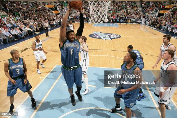 Rashad McCants of the Minnesota Timberwolves puls down a rebound in front of the Utah Jazz at EnergySolutions Arena on March 5, 2008 in Salt Lake...