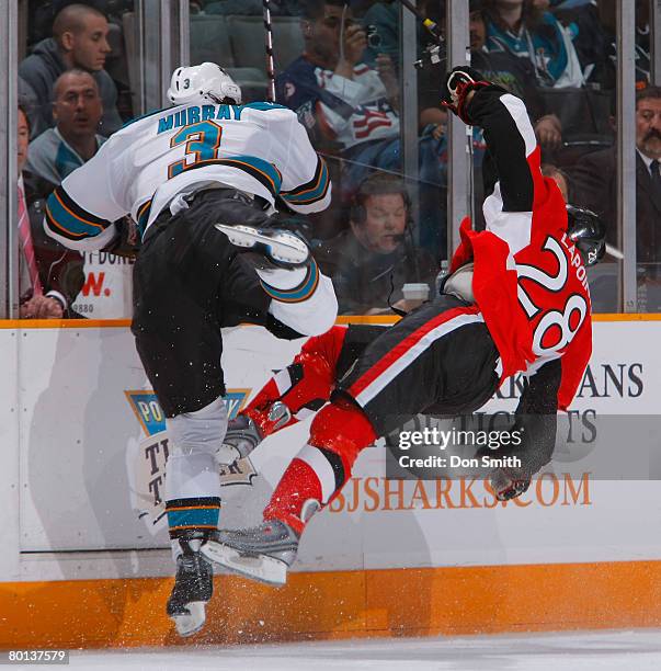 Douglas Murray of the San Jose Sharks makes the huge hit on Randy Lapointe of the Ottawa Senators during a NHL game on March 5, 2008 at HP Pavilion...