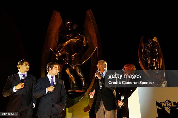 Greg Inglis and Cameron Smith of the Melbourne Storm talk on stage with rugby league legends Authur Summons and Norm Provan during the NRL 2008...