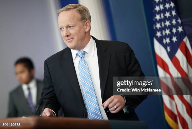 White House Press Secretary Sean Spicer arrives for a daily briefing at the White House June 26, 2017 in Washington, DC. Spicer answered a range of...