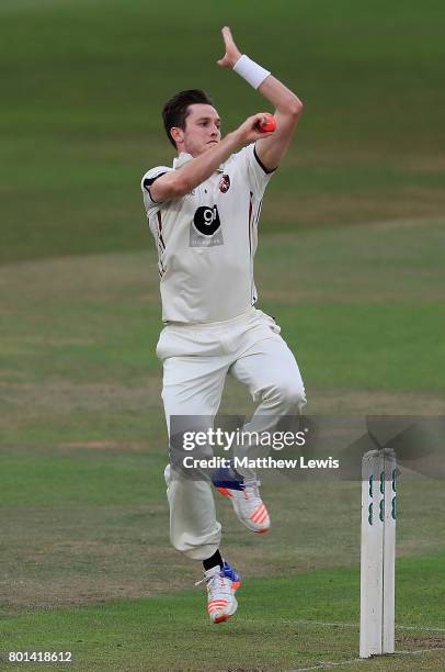 Adam Milne of Kent in action during the Specsavers County Championship Division Two match between Nottinghamshire and Kent at Trent Bridge on June...