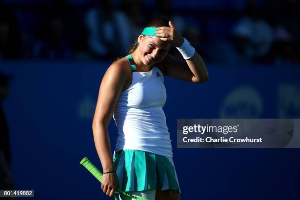 Jelena Ostapenko of Latvia in action during her first round match against Carla Suarez Navarro of Spain during day two of the Aegon International...