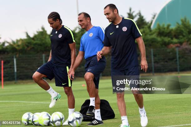 Daniel Congre and Michel Der Zakarian Coach and Laurent Pionnier of Montpellier during training session of Montpellier Herault on June 26, 2017 in...