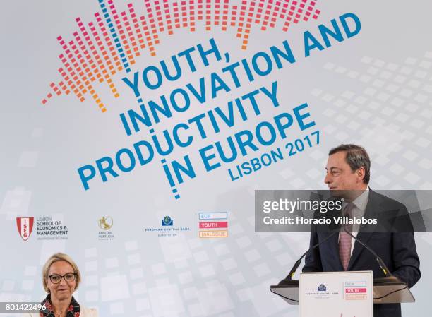 President Mario Draghi is accompanied by ECB Director General Communications Christine Graeff while having a conversation with students of selected...