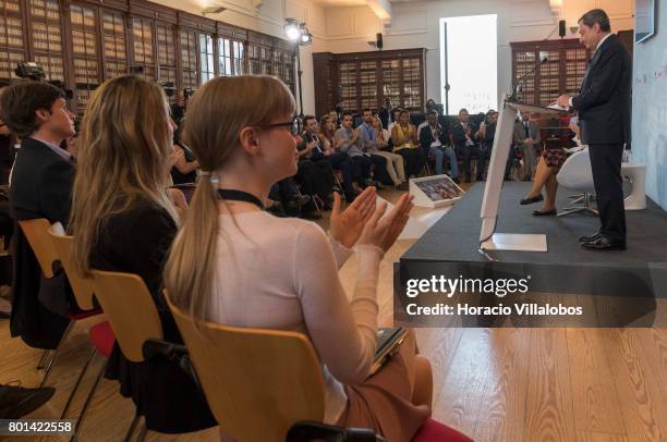 President Mario Draghi is being applauded at the end of his conversation with students of selected universities at the Lisbon School of Economics and...