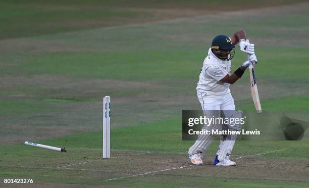 Samit Patel of Nottinghamshire is bowled by Matt Coles of Kent during the Specsavers County Championship Division Two match between Nottinghamshire...