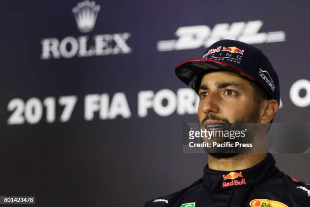 Race winner Daniel Ricciardo of Australia and Red Bull Racing in the post race press conference during the Azerbaijan Formula One Grand Prix at Baku...