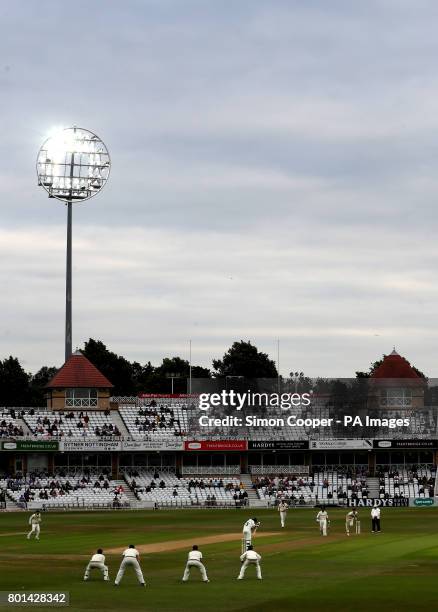 General view of the action under floodlights during the Specsavers County Championship, Division Two match at Trent Bridge, Nottingham.