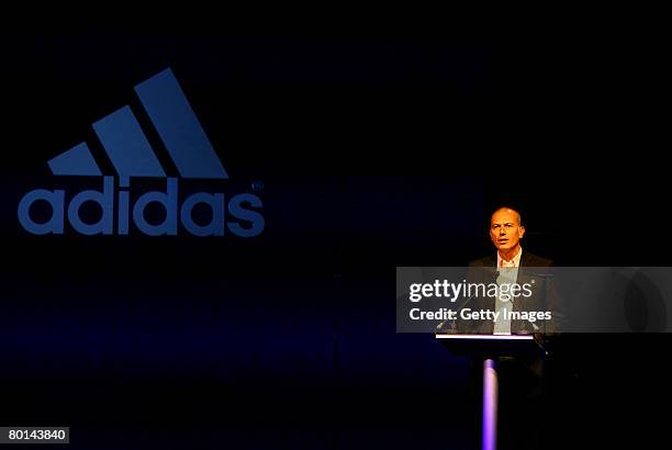 Erich Stamminger, President and CEO of adidas, talks to the media as miCoach is launched, the revolutionary training system as first initative in...