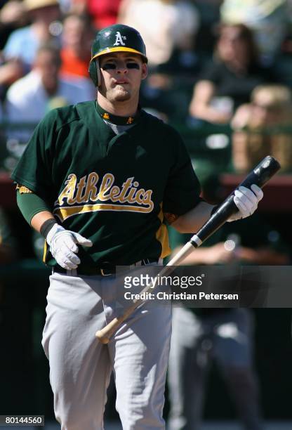 Daric Barton of the Oakland Athletics bats against the San Francisco Giants during the spring training game at Sccottsdale Stadium on March 1, 2008...