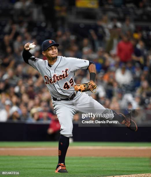 Dixon Machado of the Detroit Tigers plays during a baseball game against the San Diego Padres at PETCO Park on June 23, 2017 in San Diego, California.