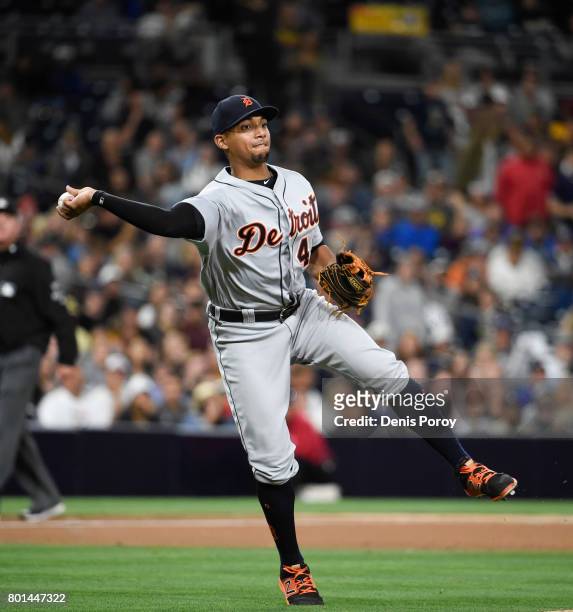 Dixon Machado of the Detroit Tigers plays during a baseball game against the San Diego Padres at PETCO Park on June 23, 2017 in San Diego, California.