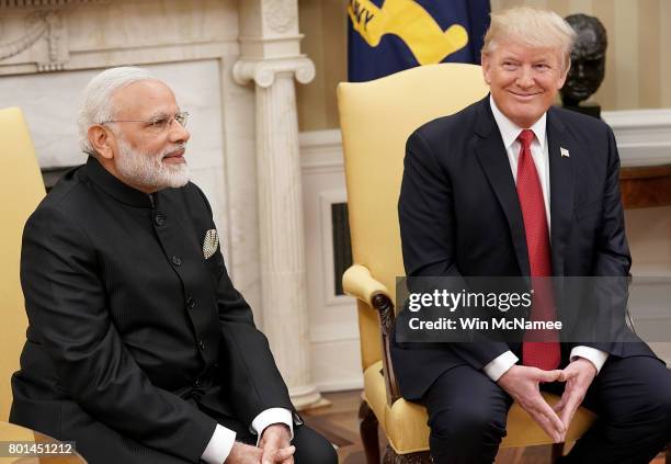 President Donald Trump meets with Indian Prime Minister Narendra Modi in the Oval Office of the White House June 26, 2017 in Washington, DC. Trump...