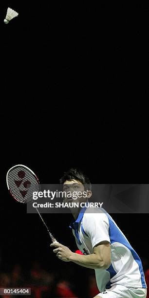 Chinese badminton player Dan Lin plays against Dutch Eric Pang from in a Mens Singles game during the 2008 Yonex All England Championships at the...