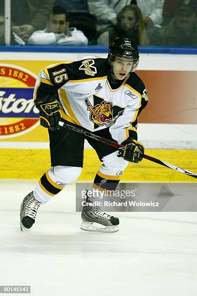 Jonathan Bonneau of the Victoriaville Tigres skates during the game against the Quebec City Remparts at Colisee Pepsi on March 01, 2008 in Quebec...