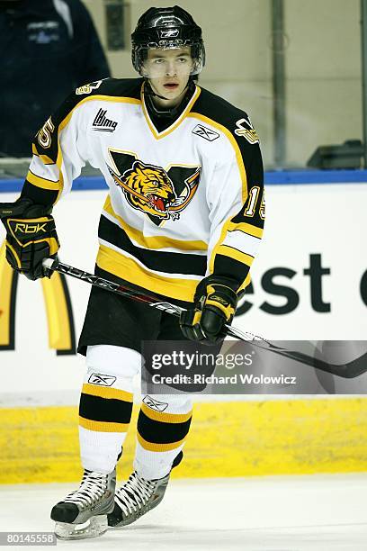 Jonathan Bonneau of the Victoriaville Tigres skates during the warm up session prior to facing the Quebec City Remparts at Colisee Pepsi on March 01,...