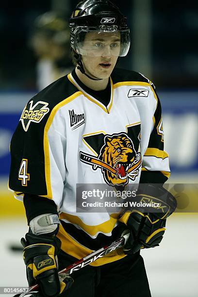 Alexandre Labonte of the Victoriaville Tigres skates during the warm up session prior to facing the Quebec City Remparts at Colisee Pepsi on March...