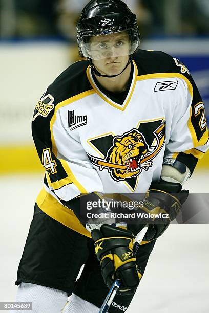 Kirill Tulupov of the Victoriaville Tigres skates during the warm up session prior to facing the Quebec City Remparts at Colisee Pepsi on March 01,...