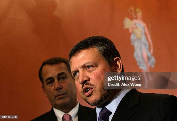 King Abdullah II of Jordan speaks as House Minority Leader Rep. John Boehner looks on on Capitol Hill March 6, 2008 in Washington, DC. King Abdullah...