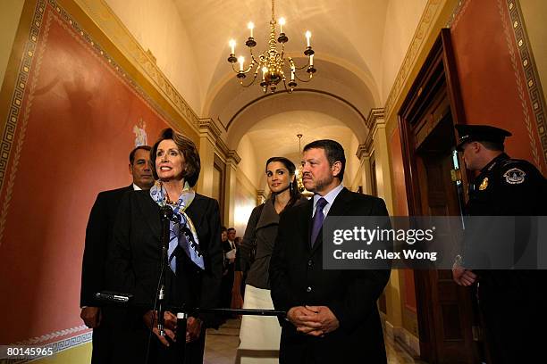 Speaker of the House Rep. Nancy Pelosi speaks as she welcomes King Abdullah II and Queen Rania of Jordan as House Minority Leader Rep. John Boehner...