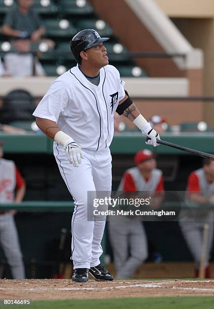 Miguel Cabrera of the Detroit Tigers bats during the spring training game against Florida Southern College at Joker Marchant Stadium in Lakeland,...