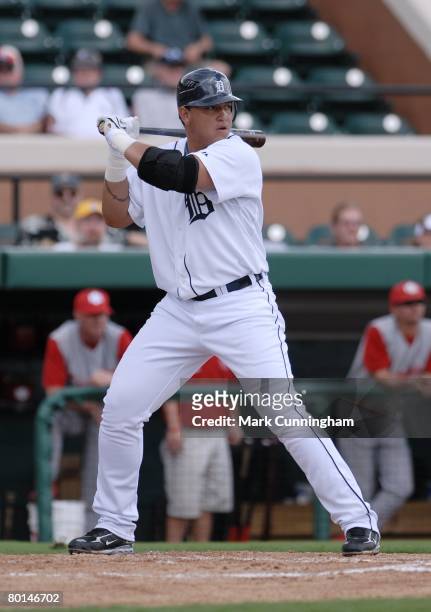 Miguel Cabrera of the Detroit Tigers bats during the spring training game against Florida Southern College at Joker Marchant Stadium in Lakeland,...