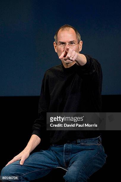 Apple CEO Steve Jobs gestures as he answers questions from the media at the Apple headquarters March 6, 2008 in Cupertino, California. Apple...