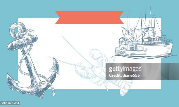 illustrazioni stock, clip art, cartoni animati e icone di tendenza di sfondi disegnati a mano con elementi nautici - seafood