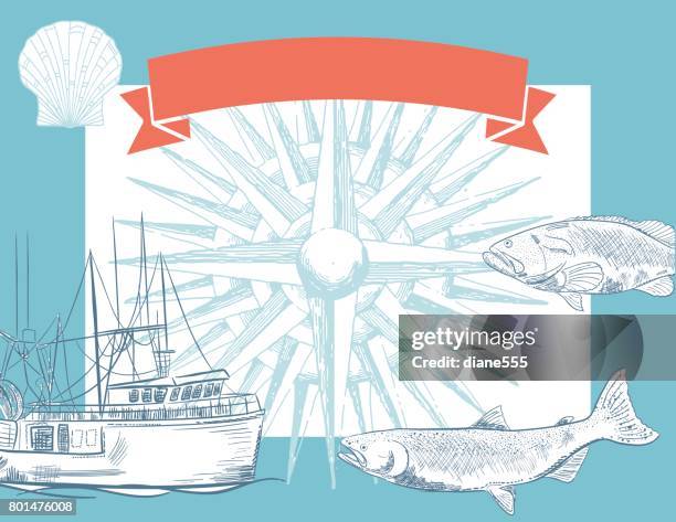 hand drawn backgrounds with nautical elements - fishing ship vector stock illustrations