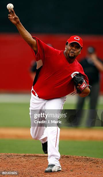 Pitcher Francisco Cordero of the Cincinnati Reds makes a pitch against the New York Yankees during the Grapefruit League Spring Training game on...