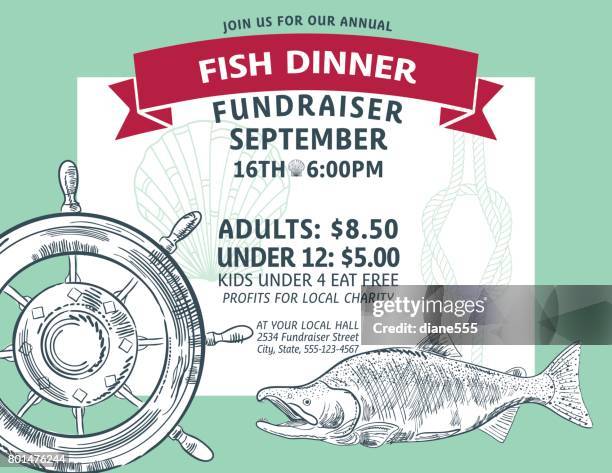 hand drawn fish dinner fundraiser with nautical elements - fish dinner stock illustrations