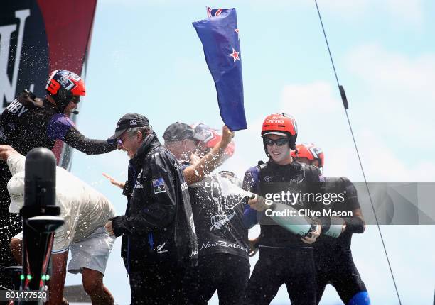 Peter Burling of Emirates Team New Zealand celebrates as they win race 9 against Oracle Team USA to win the America's Cup on day 5 of the America's...